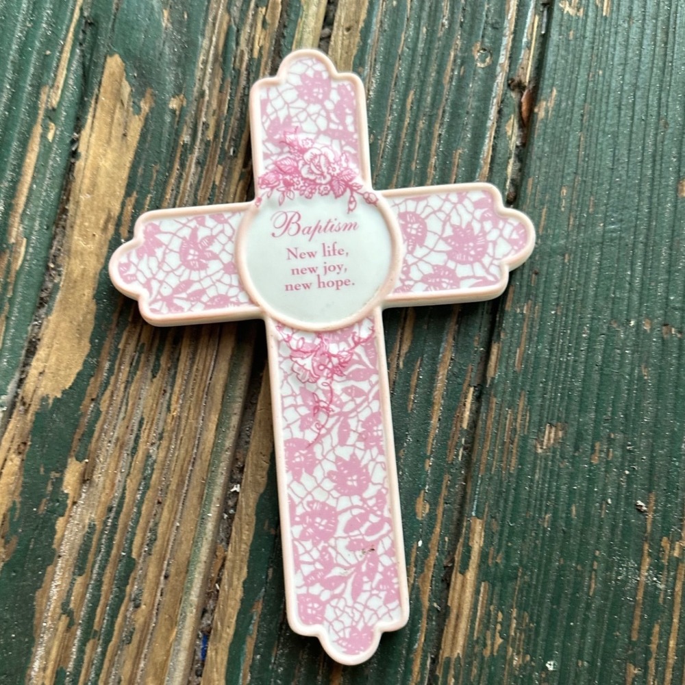 Enesco Pink Lace Ceramic Baptism Wall Cross New Life New Joy New Hope 109794